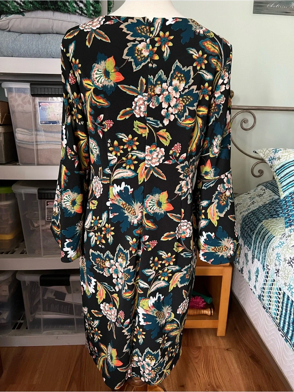 INC International Concepts Black Floral Long Sleeve Shift Dress - Picture 2 of 5